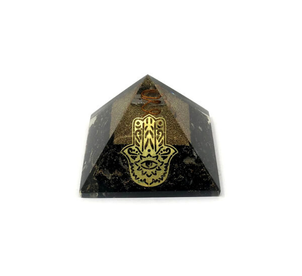 Shreyshti Orgone Pyramid Black Tourmaline Chips with Hamsa approx. 60mm