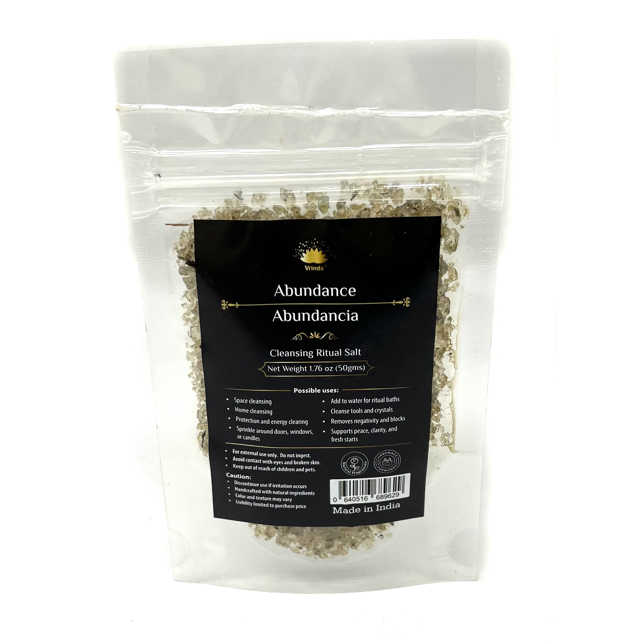 Shreyshti Cleansing Ritual Salt Abundance, 50g stand able pouch, a combination of salts, fragrances and herbs for space clearing and cleansing, anoint candles and cleansing tools or crystals