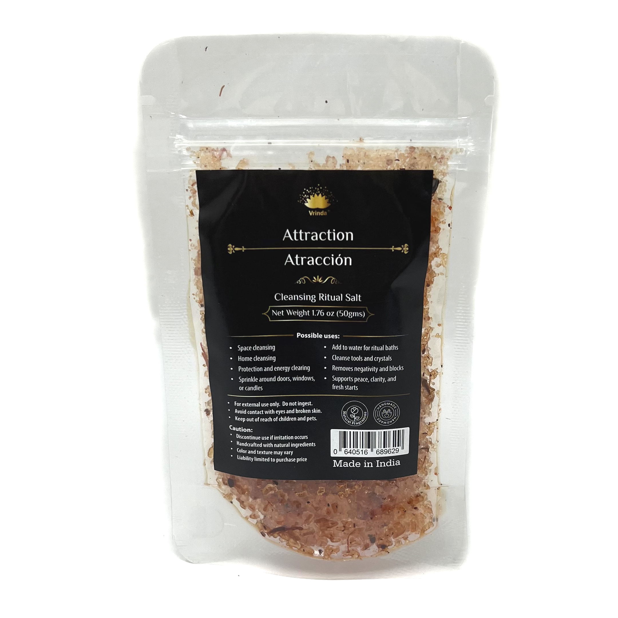 Shreyshti Cleansing Ritual Salt Attraction, 50g stand able pouch, a combination of salts, fragrances and herbs for space clearing and cleansing, anoint candles and cleansing tools or crystals