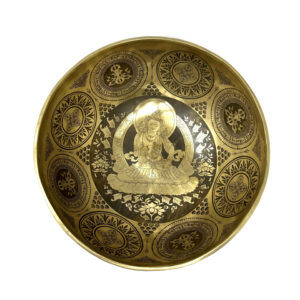 Shreyshti Brass Singing Bowl, Handmade and carved, approx. 10" Design Ma Tara 1