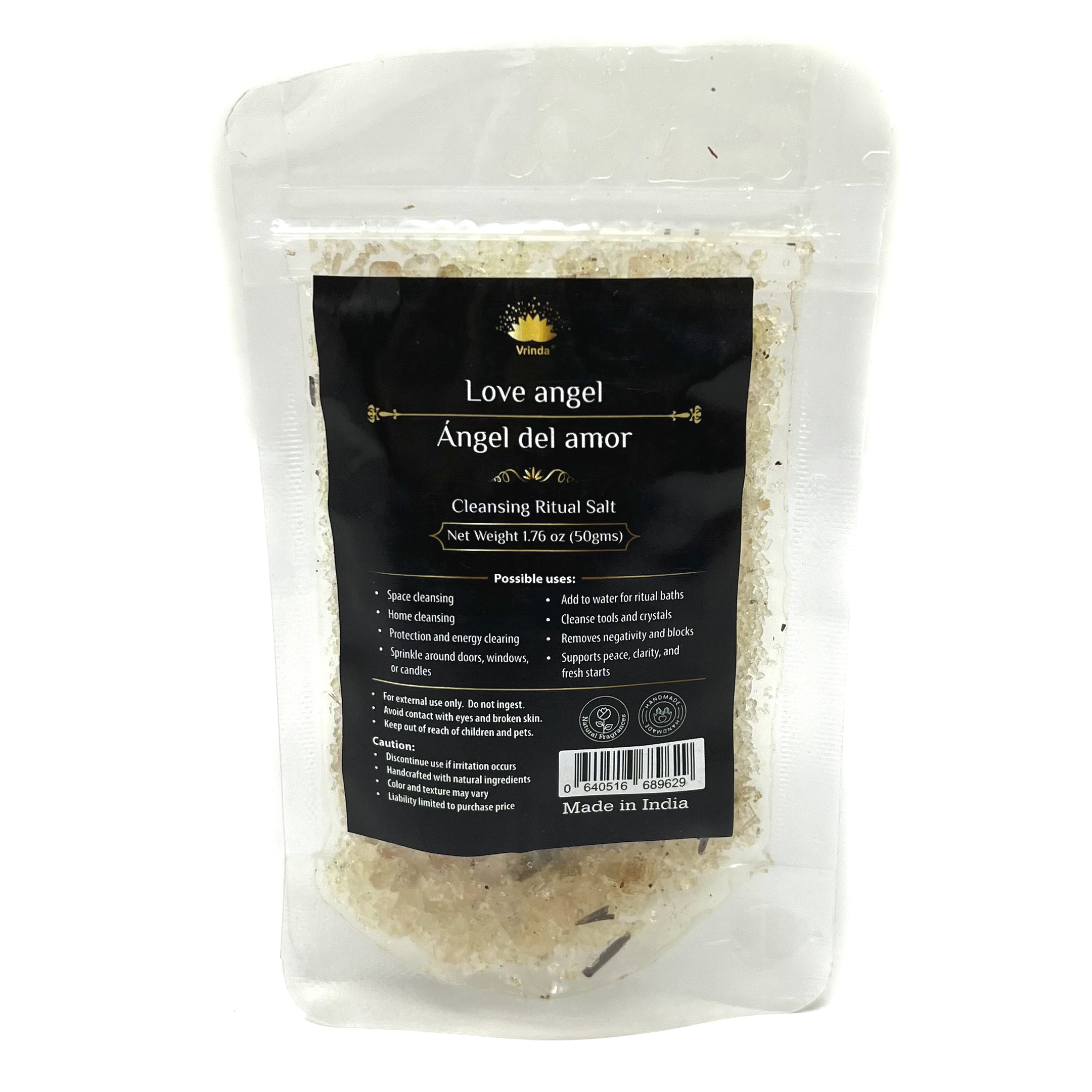 Shreyshti Cleansing Ritual Salt Love Angel, 50g stand able pouch, a combination of salts, fragrances and herbs for space clearing and cleansing, anoint candles and cleansing tools or crystals