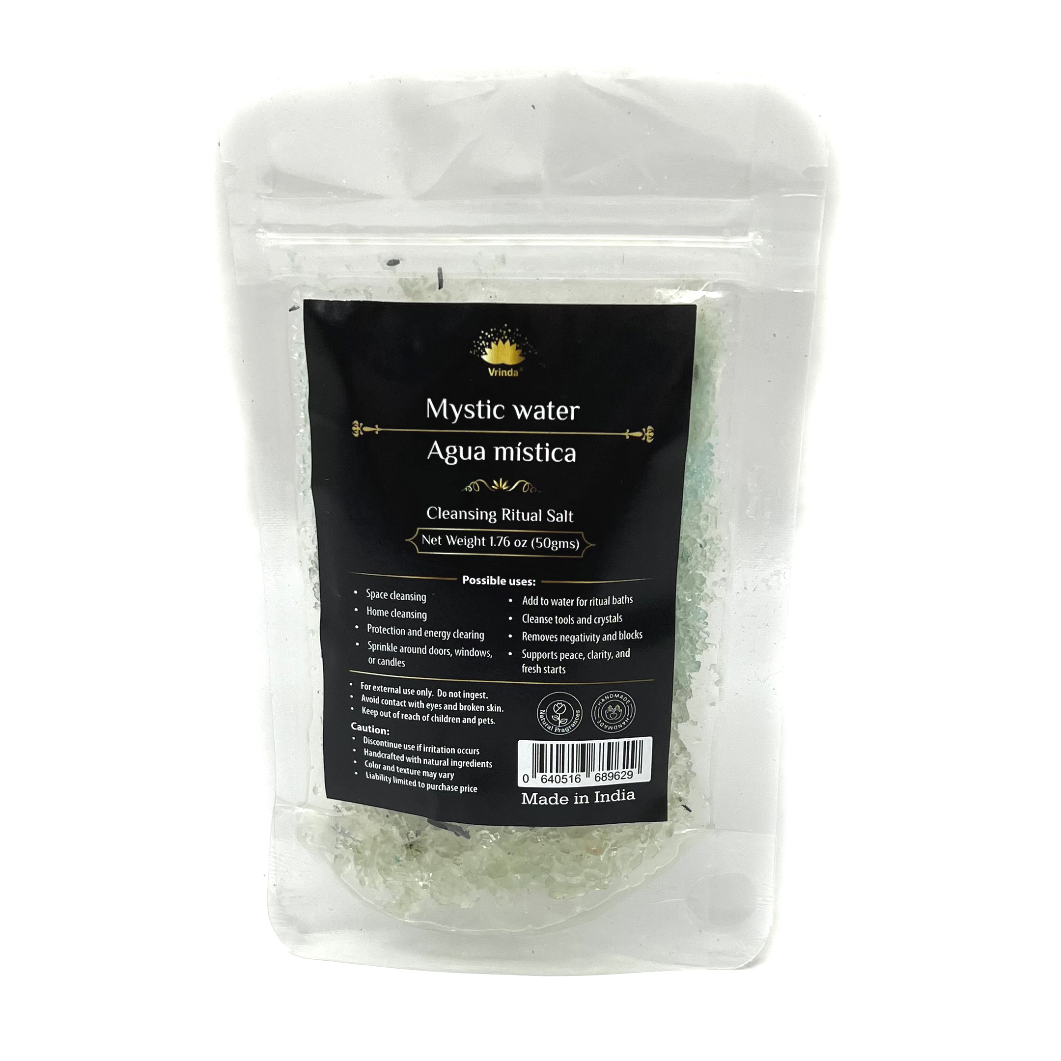 Shreyshti Cleansing Ritual Salt Mystic Water, 50g stand able pouch, a combination of salts, fragrances and herbs for space clearing and cleansing, anoint candles and cleansing tools or crystals
