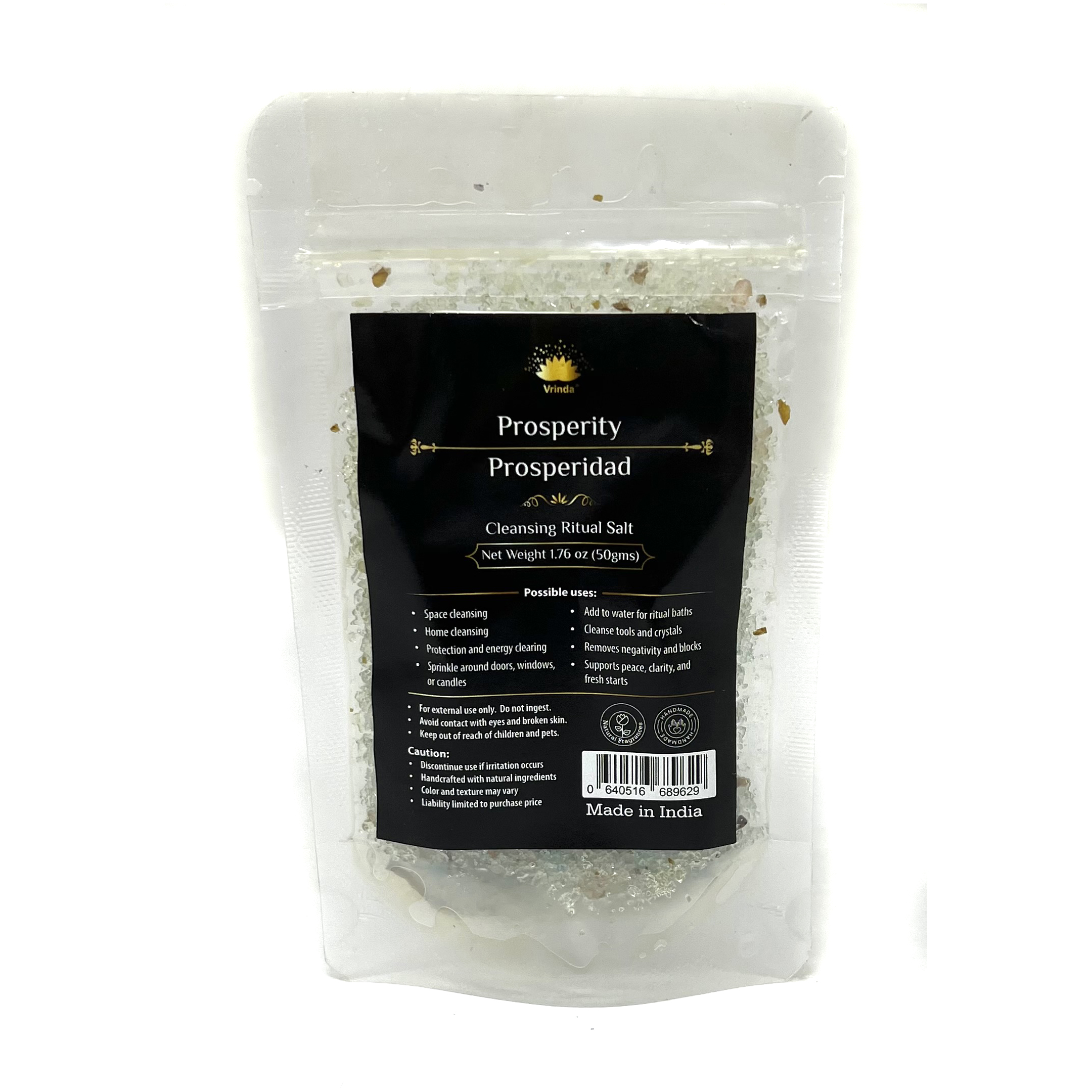 Shreyshti Cleansing Ritual Salt Prosperity, 50g stand able pouch, a combination of salts, fragrances and herbs for space clearing and cleansing, anoint candles and cleansing tools or crystals