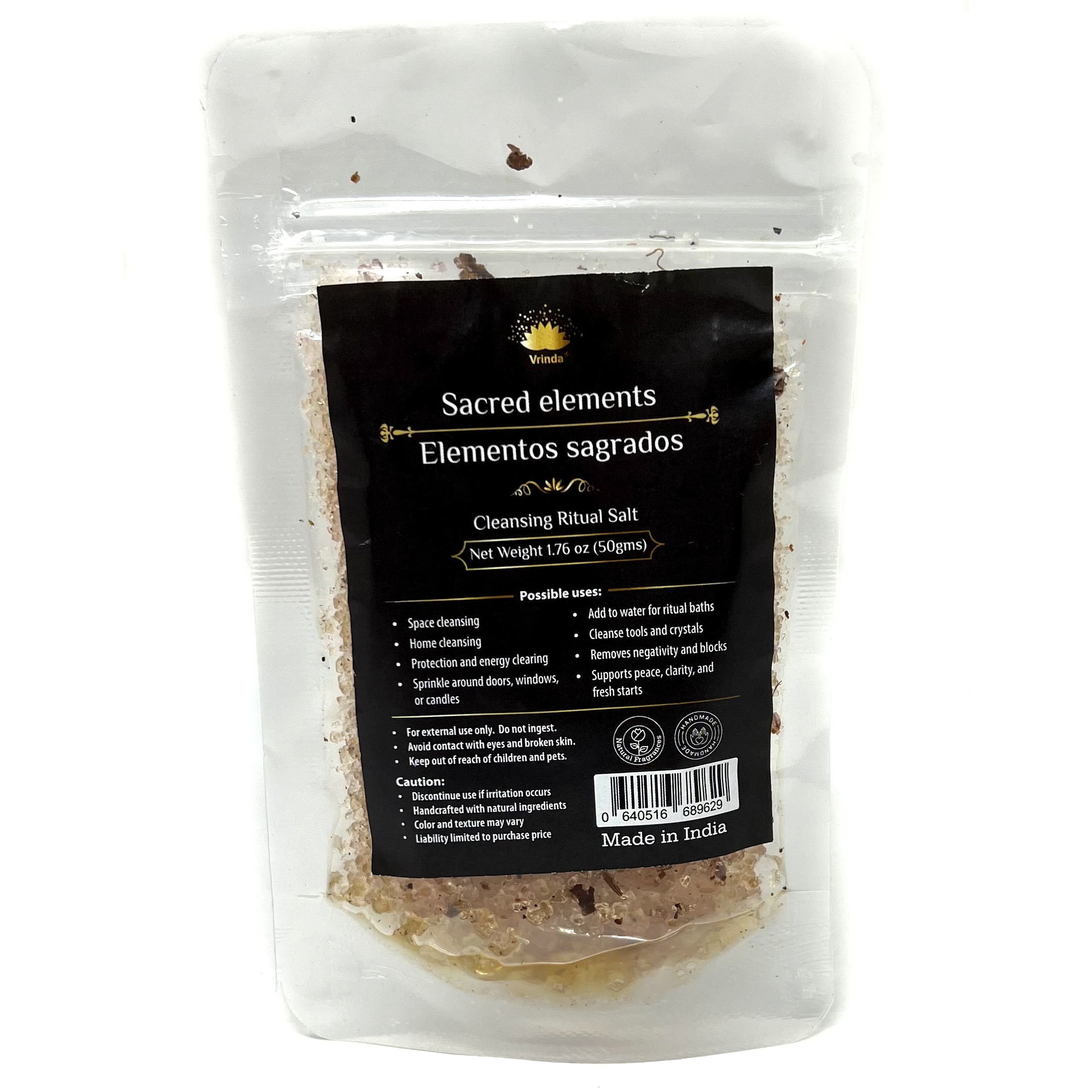 Shreyshti Cleansing Ritual Salt Sacred Elements, 50g stand able pouch, a combination of salts, fragrances and herbs for space clearing and cleansing, anoint candles and cleansing tools or crystals