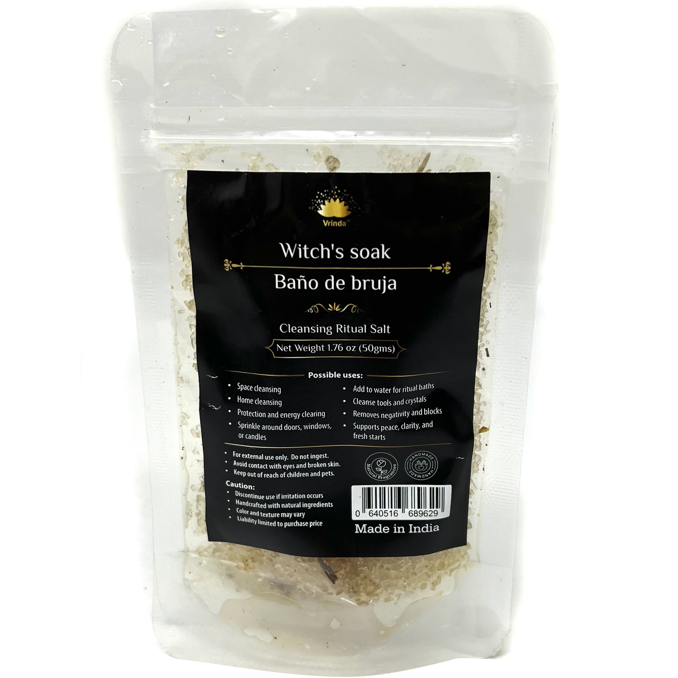 Shreyshti Cleansing Ritual Salt Witch's Soak, 50g stand able pouch, a combination of salts, fragrances and herbs for space clearing and cleansing, anoint candles and cleansing tools or crystals